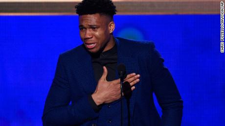 Giannis Antetokounmpo, of the Milwaukee Bucks, reacts as he accepts the most valuable player award at the NBA Awards on Monday.