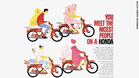 Honda&#39;s 1963 marketing campaign dubbed &#39;You meet the nicest people on a Honda&#39; aimed to disconnect motorcycles from the rugged, counterculture biker image embodied by US brands.