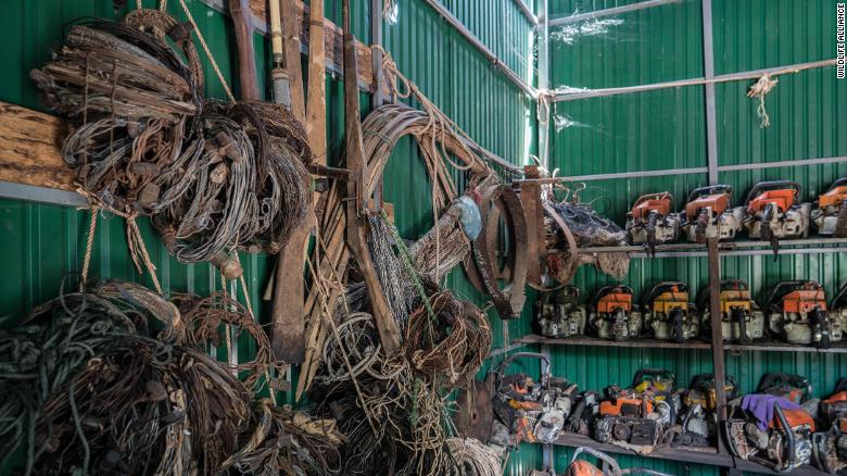 Snares, home-made guns and chainsaws confiscated by Wildlife Alliance&#39;s rangers in Cambodia&#39;s Cardamom rainforest. 