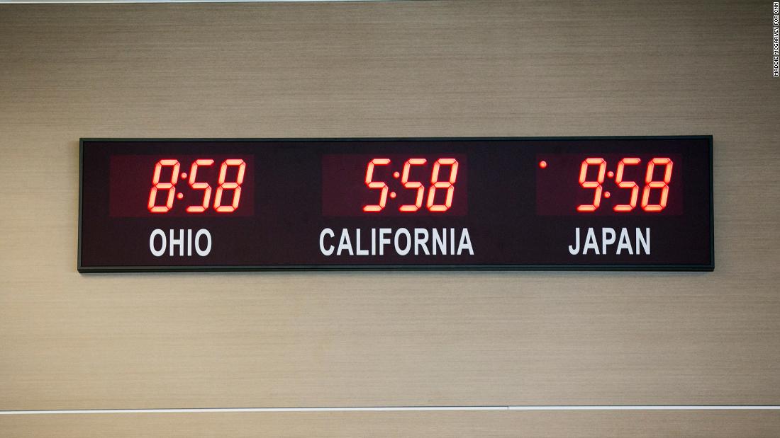 A clock showing the time in Ohio, California and Japan hangs in the Heritage Center in Marysville. Honda Motor chose Marysville owing to the friendly and hardworking locals, presence of a testing track at the Transport Research Center in East Liberty, Ohio, and a favorable investment climate.