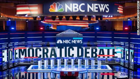 TOPSHOT - The stage is seen prior to the first Democratic primary debate of the 2020 presidential campaign season at the Adrienne Arsht Center for the Performing Arts in Miami, Florida, June 26, 2019. - Democrats are in Miami, Florida for their first debate -- and first inflection point -- of the 2020 election cycle, with ex-vice president Joe Biden taking the stage as frontrunner for the first time. Ten candidates including Senator Elizabeth Warren square off Wednesday, while Thursday&#39;s 10 feature Biden and three others polling in the top five. (Photo by SAUL LOEB / AFP)        (Photo credit should read SAUL LOEB/AFP/Getty Images)