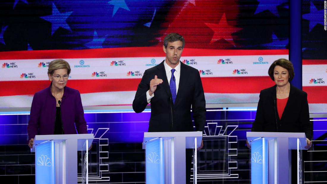 O&#39;Rourke answers an early question during Wednesday&#39;s debate. During his first answer, he &lt;a href=&quot;https://www.cnn.com/politics/live-news/democratic-debate-june-26-2019/h_2806cb75711ee4cce8322dafa7049161&quot; target=&quot;_blank&quot;&gt;switched over to Spanish&lt;/a&gt; for a bit. Booker and Castro also spoke some Spanish during the debate.