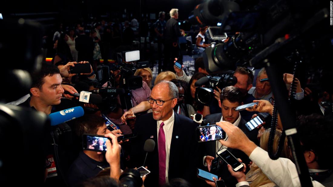 Tom Perez, chairman of the Democratic National Committee, speaks to the media before the start of the debate on Wednesday.