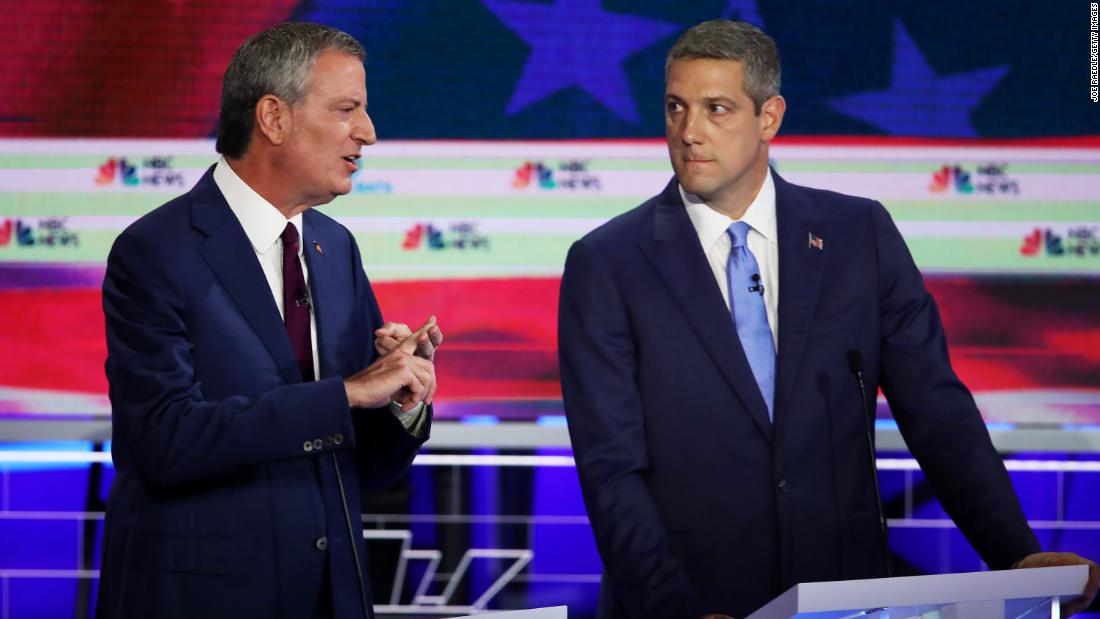 Ryan, right, looks at de Blasio as the New York mayor answers a question on Wednesday.