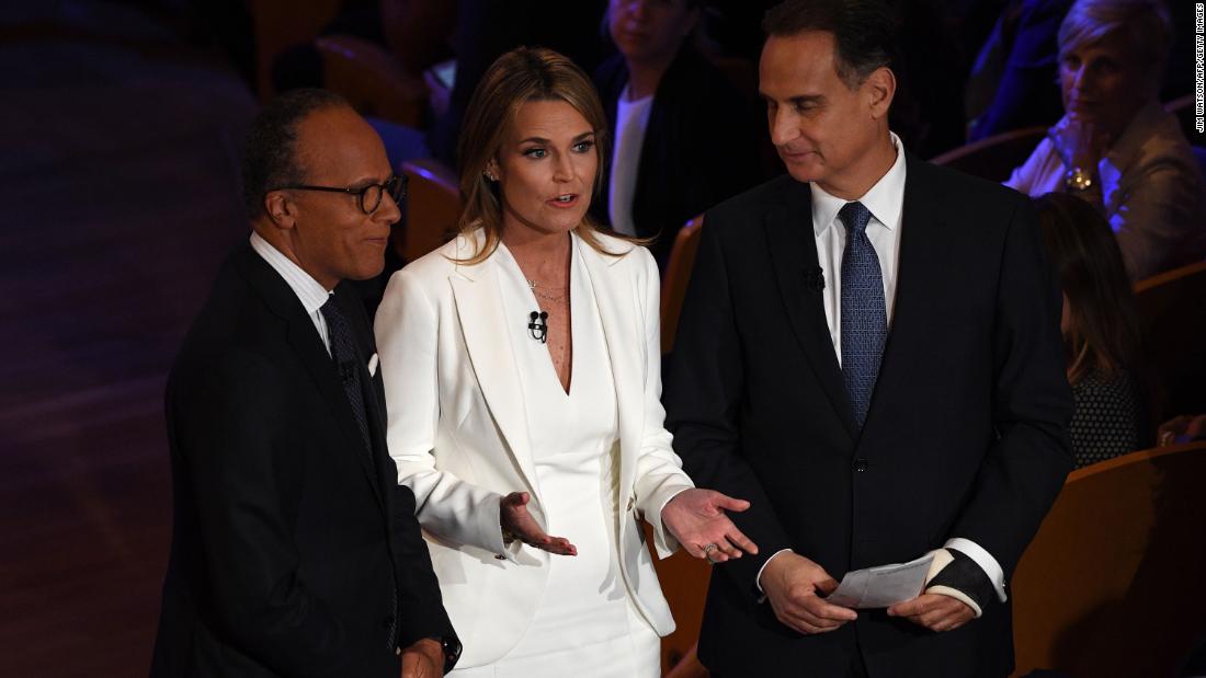 NBC&#39;s moderators during the first hour of Wednesday&#39;s debate: from left, Lester Holt, Savannah Guthrie and Jose Diaz-Balart.