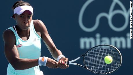 Gauff returns a shot to Daria Kasatkina of Russia during the Miami Open In March 2019