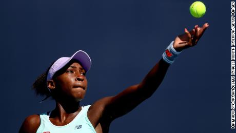 MIAMI GARDENS, FLORIDA - MARCH 22: Cori Gauff serves to Daria Kasatkina of Russia during the Miami Open Presented by Itau at Hard Rock Stadium March 22, 2019 in Miami Gardens, Florida. (Photo by Matthew Stockman/Getty Images)