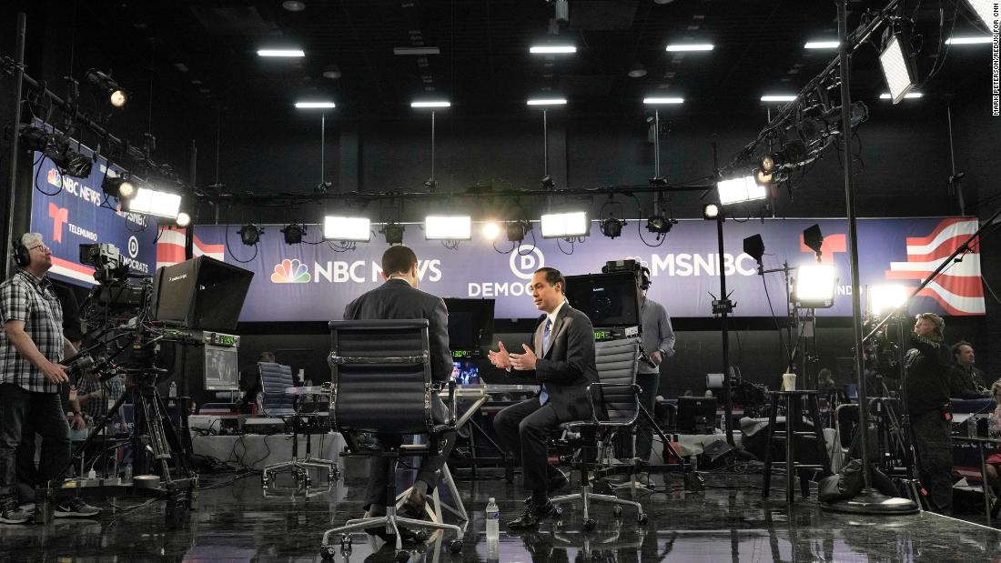 Julian Castro, a candidate who took part in Wednesday night&#39;s debate, is seen on a television set before the start of Thursday&#39;s debate. Castro was secretary of Housing and Urban Development during the Obama administration.