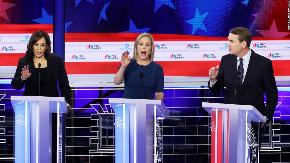 From left, Harris, Gillibrand and Bennet all try to speak at once during an early question on Thursday.