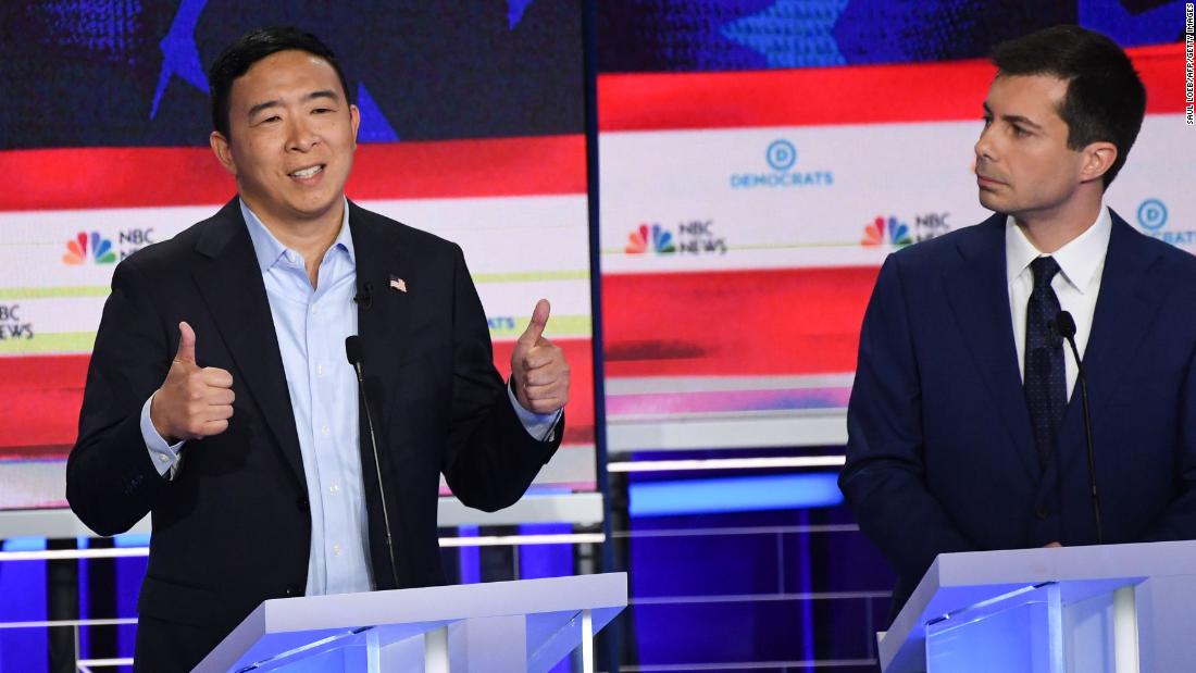 Yang answers a question during the first Democratic debates in June 2019.