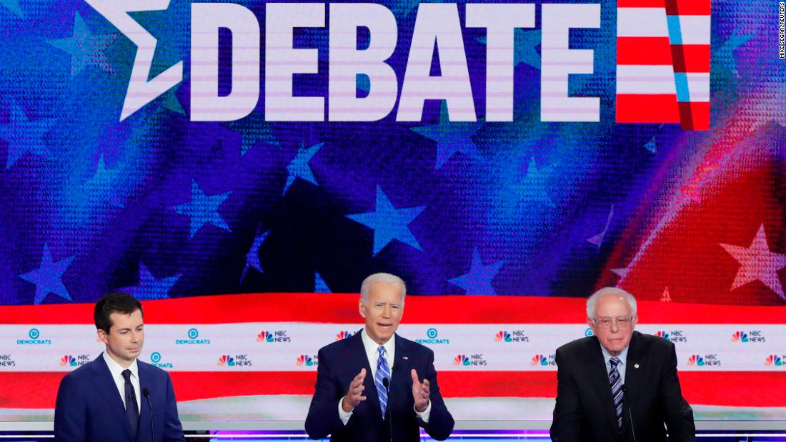 Biden, center, &lt;a href=&quot;https://www.cnn.com/politics/live-news/democratic-debate-june-27-2019/h_07c09554d7dd994336f022b7722ad23b&quot; target=&quot;_blank&quot;&gt;leads in national polls and in the polls of key early states&lt;/a&gt; such as Iowa, New Hampshire, South Carolina and Nevada. And his leads are not small: He&#39;s usually up 15 to 20 points.