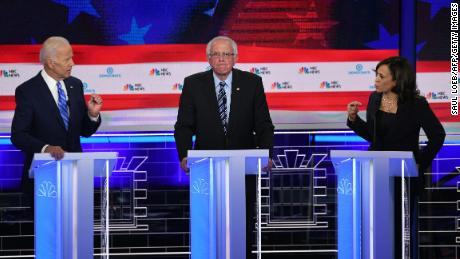 Democratic presidential hopefuls US Vice President Joseph R. Biden (L), US Senator for Vermont Bernie Sanders and US Senator for California Kamala Harris (R) participate in the second Democratic primary debate of the 2020 presidential campaign season hosted by NBC News at the Adrienne Arsht Center for the Performing Arts in Miami, Florida, June 27, 2019. - US Senator for California Kamala Harris confronts Former US Vice President Joseph R. Biden about racism. (Photo by SAUL LOEB / AFP)        (Photo credit should read SAUL LOEB/AFP/Getty Images)
