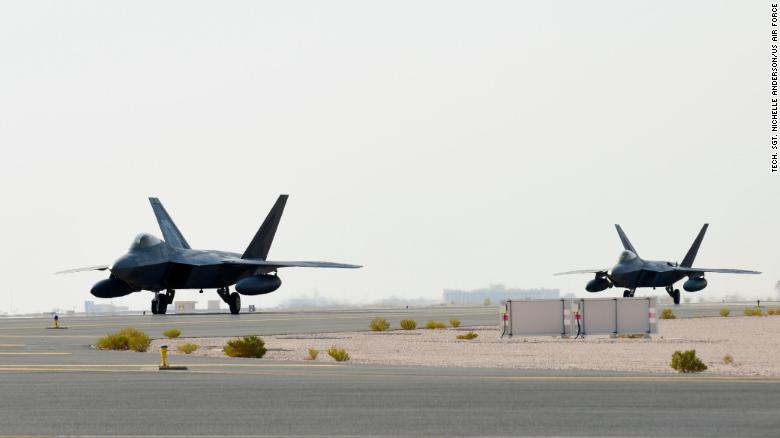 US Air Force F-22 Raptors arrive at Al Udeid Air Base, Qatar, on June 27, 2019. 