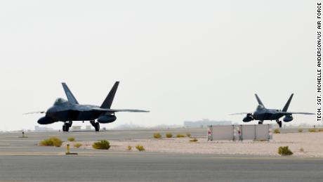 US Air Force F-22 Raptors arrive at Al Udeid Air Base, Qatar, June 27, 2019.