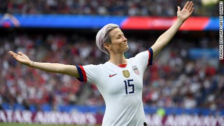 Megan Rapinoe celebrates scoring in the Women's Cup of the World Cup 2019 on 28 June 2019.