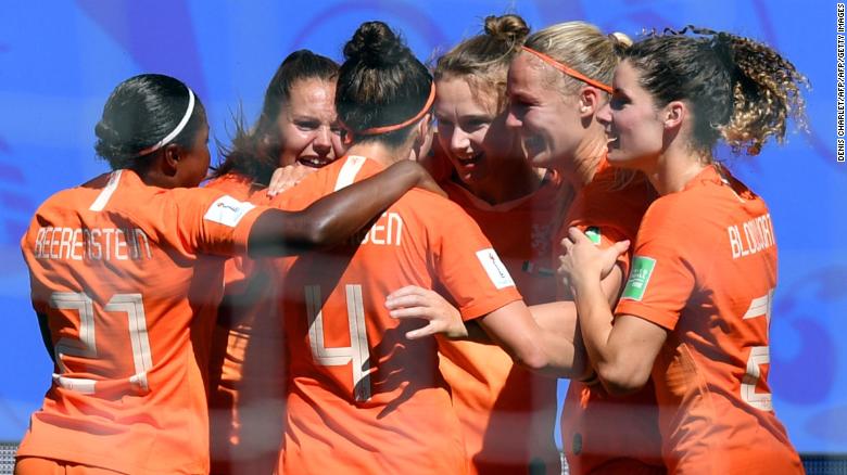 Netherlands players celebrate during Saturday&#39;s 2-0 quarterfinal win against Italy at the Women&#39;s World Cup. 