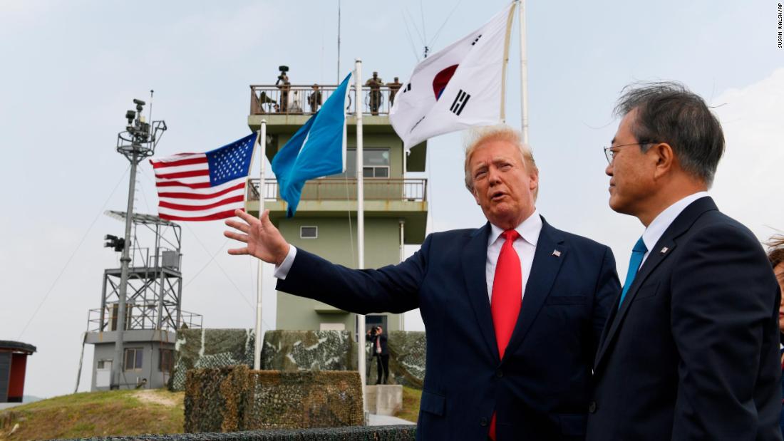 Trump talks with South Korean President Moon and views North Korea from Observation Post Ouellette at Camp Bonifas in South Korea.