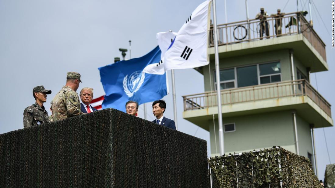 Trump and Moon visit an observation post in the Korean Demilitarized Zone separating North and South Korea on Sunday, June 30.