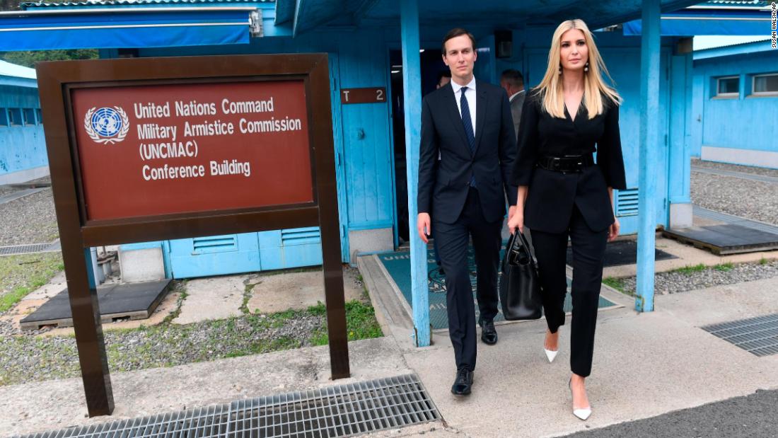 White House Senior Advisors Ivanka Trump and Jared Kushner, walk in the border village of Panmunjom in the Korean Demilitarized Zone in South Korea, on Sunday, June 30.