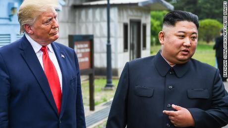North Korea's leader Kim Jong Un speaks as he stands with US President Donald Trump south of the Military Demarcation Line that divides North and South Korea.