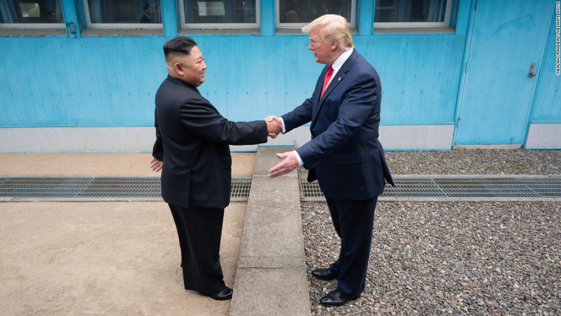 Trump shakes hands with North Korean leader Kim Jong Un as the two &lt;a href=&quot;https://www.cnn.com/2019/06/30/world/gallery/trump-kim-north-korea/index.html&quot; target=&quot;_blank&quot;&gt;meet at the Korean Demilitarized Zone&lt;/a&gt; in June 2019. Trump briefly stepped over into North Korean territory, becoming the first sitting US leader to set foot in the nation. Trump said he invited Kim to the White House, and both leaders agreed to restart talks after nuclear negotiations stalled.