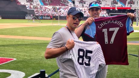 West Ham United's Mexican striker Javier Hernandez, known as Chicharito, swaps jerseys with countryman Luis Cessa, a pitcher for the New York Yankees before the meeting between the Yankees and the Boston Red Sox in London on Sunday. 