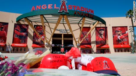 A memorial is set up in front of Angel Stadium for Tyler Skaggs. 