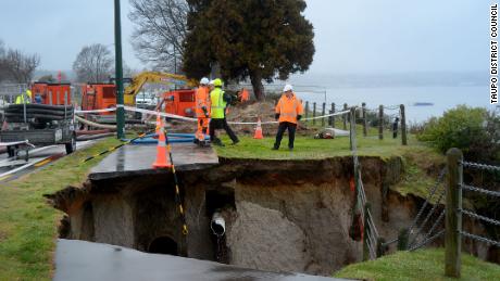 After a water main broke, a landslide damaged roads and a wastewater pipe by the shore of Lake Taupo.