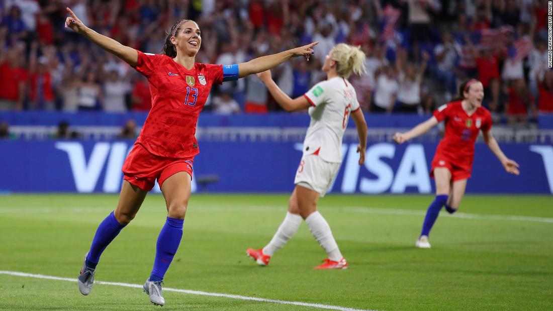Morgan celebrates her tournament-leading sixth goal in the 2-1 semifinal win against England on Tuesday, July 2. Rapinoe and England's Ellen White later tied her.
