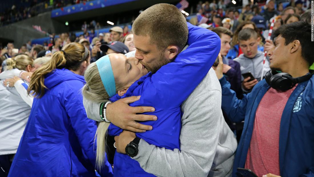 US midfielder Julie Ertz gets a kiss from her husband, NFL star Zach Ertz, after &lt;a href=&quot;https://www.cnn.com/2019/06/20/football/uswnt-sweden-womens-world-cup-spt-int/index.html&quot; target=&quot;_blank&quot;&gt;the Americans defeated Sweden 2-0&lt;/a&gt; in the final match of the group stage.