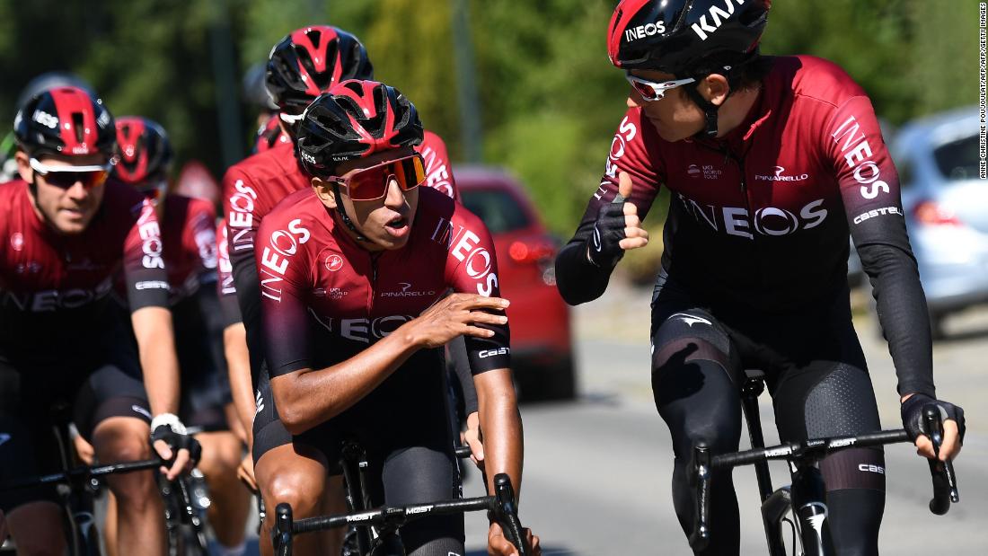 Team Ineos joint team leaders, Colombia&#39;s Egan Bernal and Britain&#39;s Geraint Thomas  share a moment on a training ride before the start of the 106th Tour de France. 