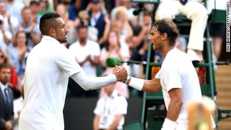 Nick Kyrgios (left) and Rafael Nadal shake hands after their heated clash at Wimbledon.