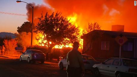 Fire engulfs a house  in Ridgecrest, California, moments after an earthquake struck the area on Friday. 