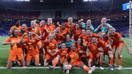 Netherlands players celebrate beating Sweden 1-0 in exra-time to reach the Women's World Cup final.