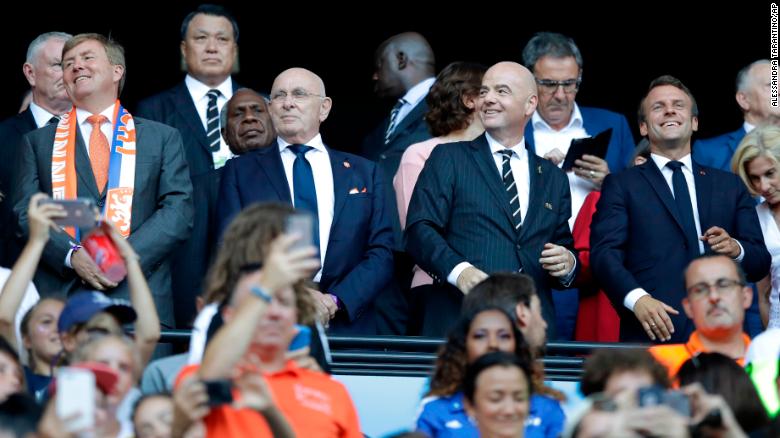Dutch King Willem-Alexander, far left, and French President Emmanuel Macron, far right, are attending the match.