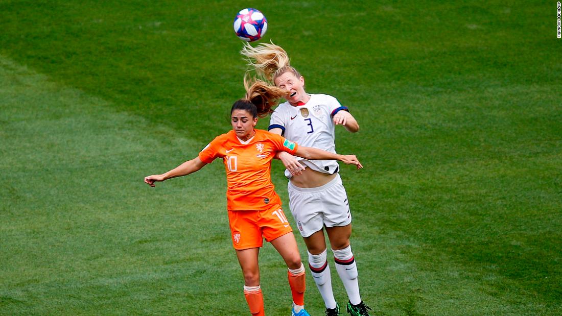 American midfielder Samantha Mewis, right, and Dutch midfielder Danielle van de Donk compete for a header in the early minutes of the final.