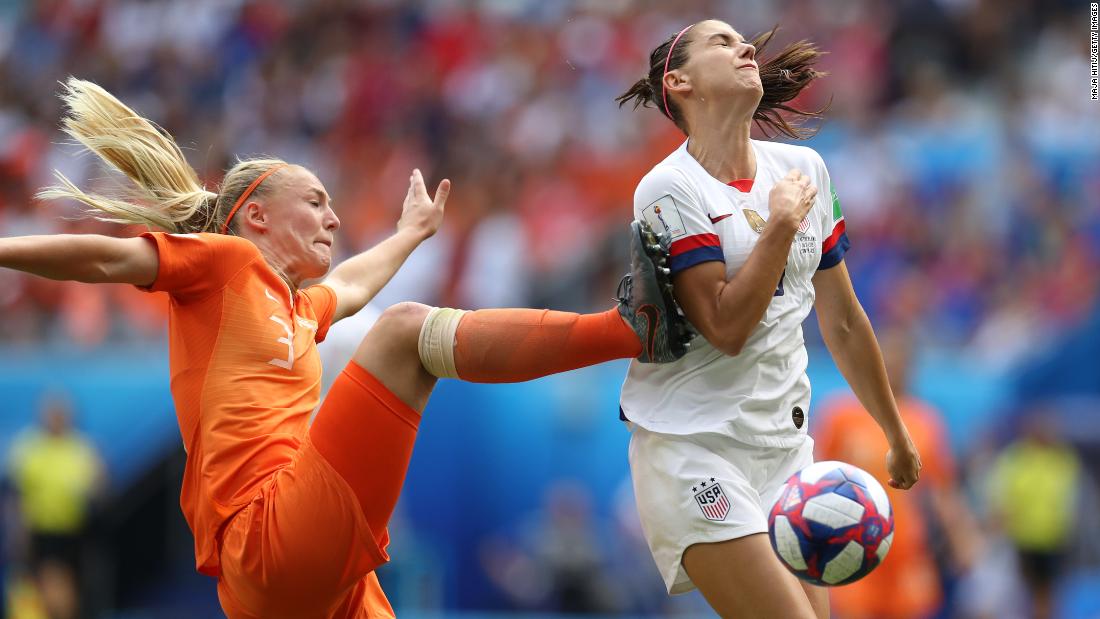 Morgan is fouled by Dutch defender Stefanie Van der Gragt in the second half. After the incident was reviewed by video, the referee awarded the penalty that Rapinoe converted.