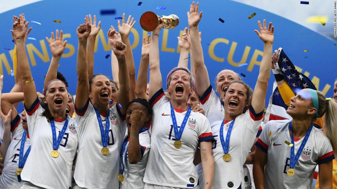 US captain Megan Rapinoe lifts the World Cup trophy after the Americans defeated the Netherlands 2-0 on Sunday, July 7.