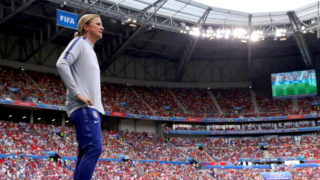 US head coach Jill Ellis watches the action from the sideline. She also coached the Americans to the World Cup title in 2015.