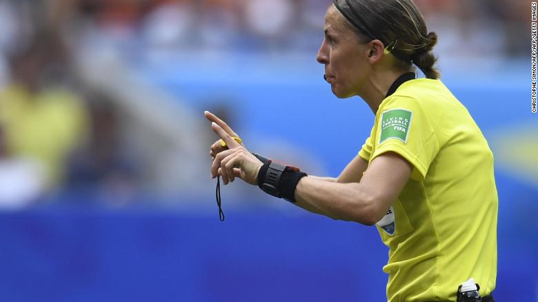 French referee Stephanie Frappart gestures during the FIFA Women&#39;s World Cup football final.