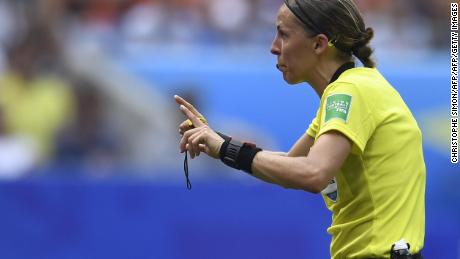 French referee Stephanie Frappart gestures during the FIFA Women&#39;s World Cup football final.
