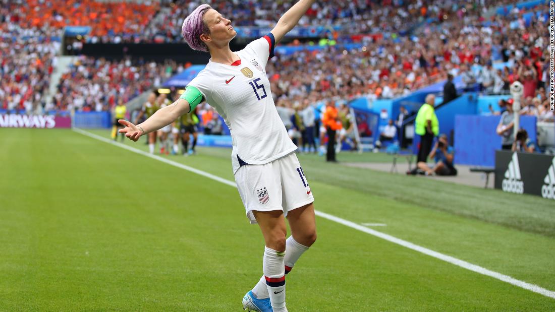 Rapinoe celebrates after scoring the USWNT&#39;s first goal in the World Cup final win over the Netherlands.