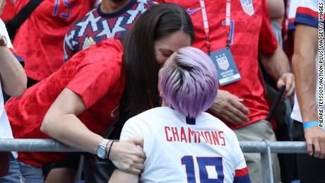 Megan Rapinoe hugs and kisses girlfriend Sue Bird after the Women&#39;s World Cup final in Lyon, France.