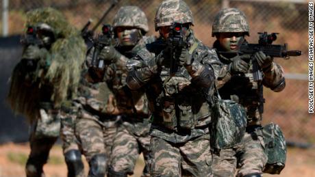 South Korean marines in action during a regular drill on November 1, 2018 in Yeonpyeong Island, South Korea.