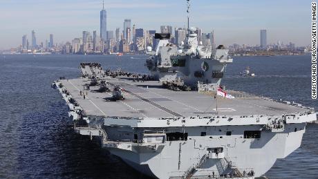 The British aircraft carrier HMS Queen Elizabeth arrives in New York on October 19, 2018.
