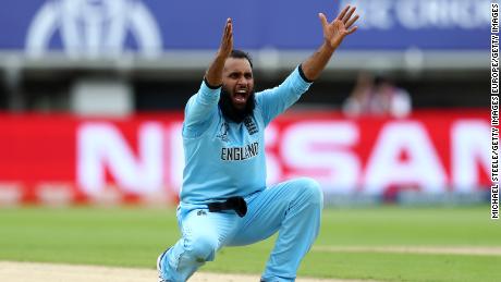 England&#39;s Adil Rashid appeals successfully for the wicket of Marcus Stoinis.