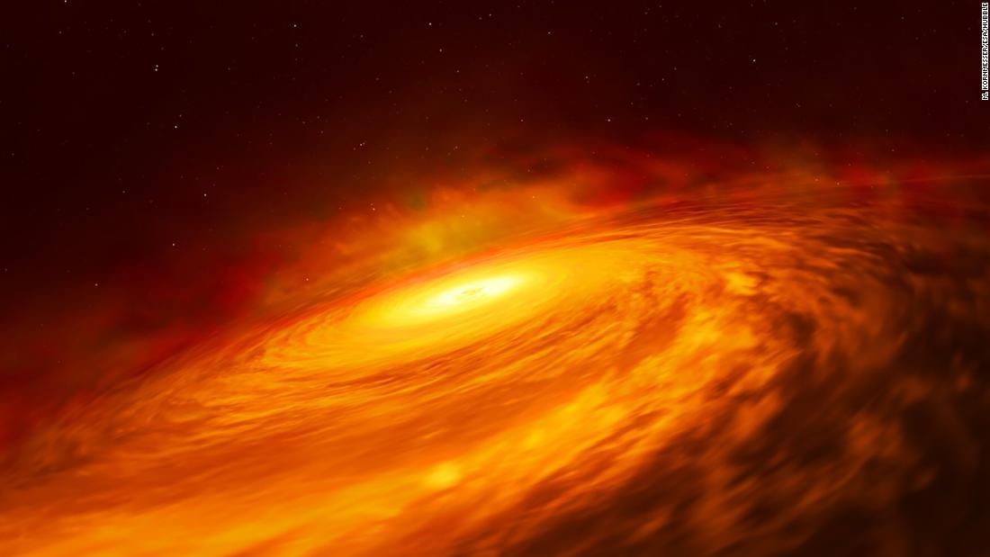An artist&#39;s illustration of a thin disc embedded in a supermassive black hole at the center of spiral galaxy NGC 3147, 130 million light-years away.