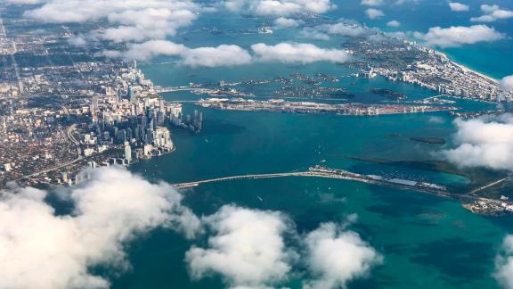 A view of downtown Miami and South Beach from a plane shows the oceanfront development of the past.