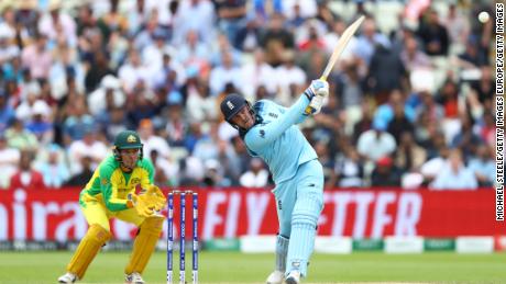 Jason Roy hits a six off the bowling of Steve Smith during England&#39;s reply.