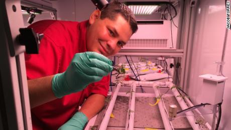 Jacob Torres with a microgravity test bed.